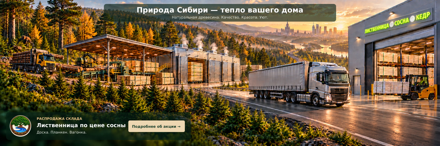 ВудСнаб. Природа Сибири — тепло вашего дома. Распродажа склада: лиственница по цене сосны. Доска. Планкен. Вагонка. Подробнее об акции.