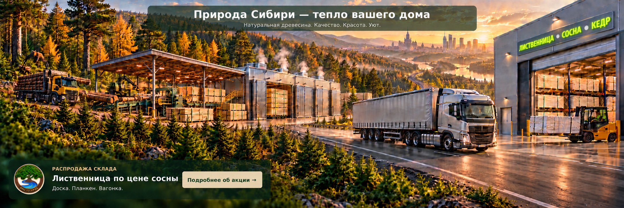 ВудСнаб. Природа Сибири — тепло вашего дома. Распродажа склада: лиственница по цене сосны. Доска. Планкен. Вагонка. Подробнее об акции.